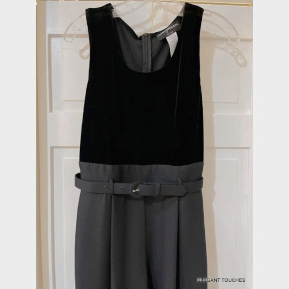 Vintage John Roberts Petite 4P Black Velour Polyester Jumpsuit Sleeveless Belted